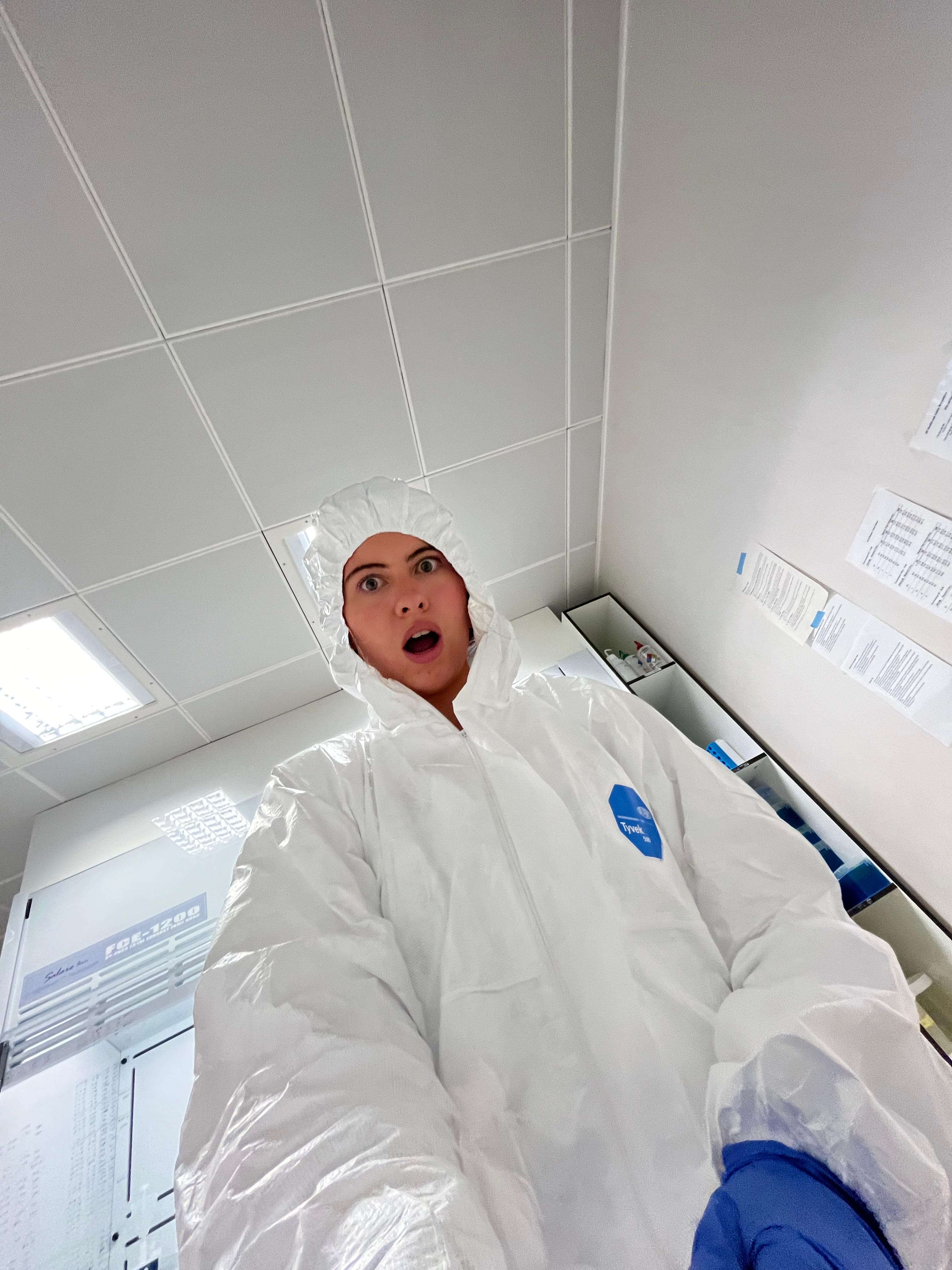 Charlotte in protective clothing in the laboratory during her dissertation research